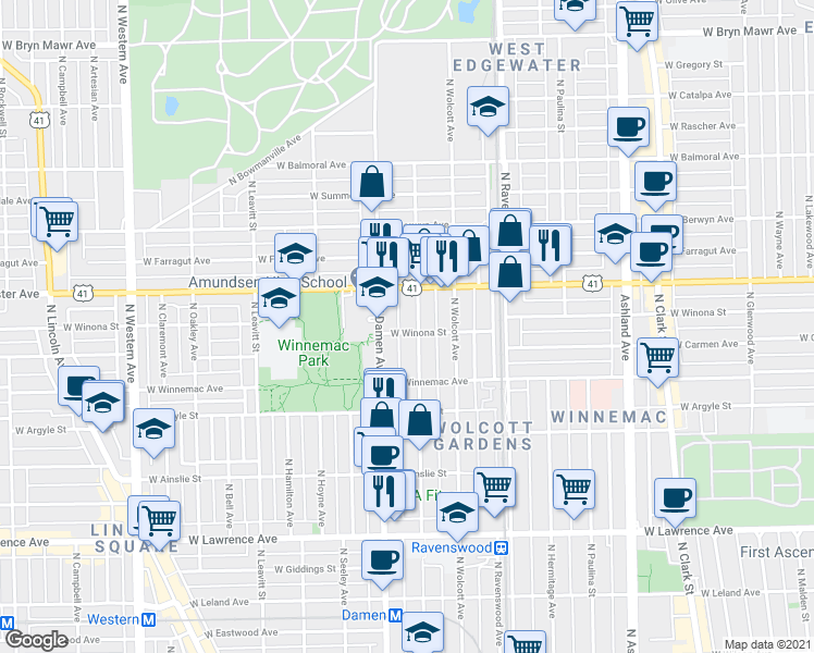 map of restaurants, bars, coffee shops, grocery stores, and more near 5074 North Winchester Avenue in Chicago