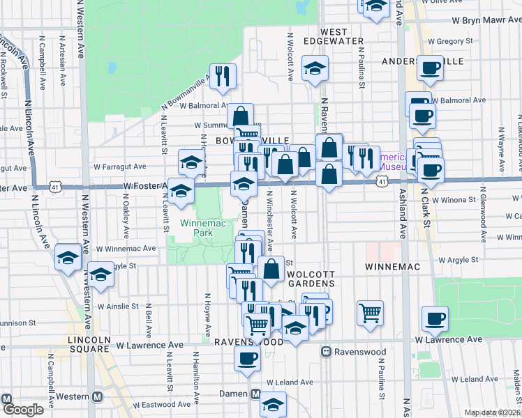 map of restaurants, bars, coffee shops, grocery stores, and more near 5074 North Winchester Avenue in Chicago