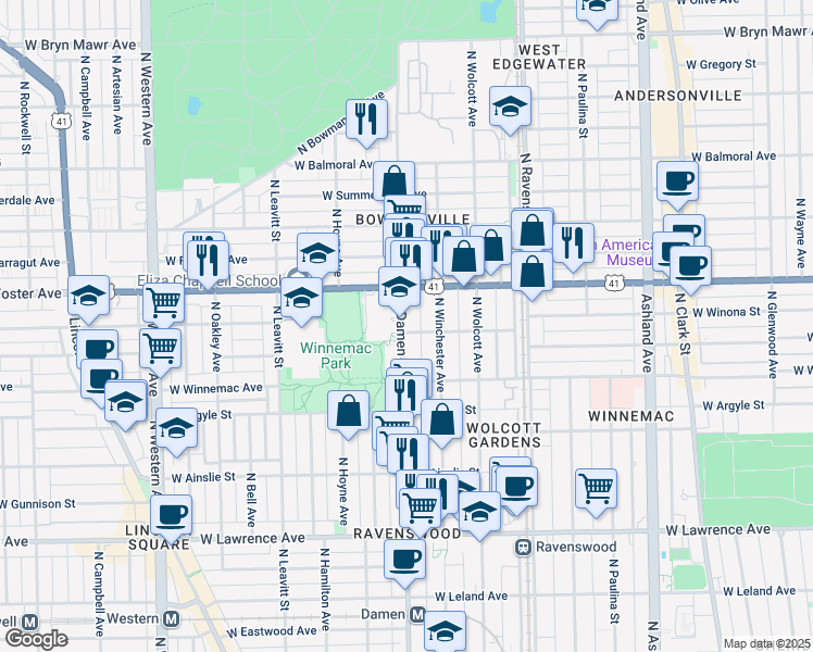 map of restaurants, bars, coffee shops, grocery stores, and more near 5100 North Damen Avenue in Chicago