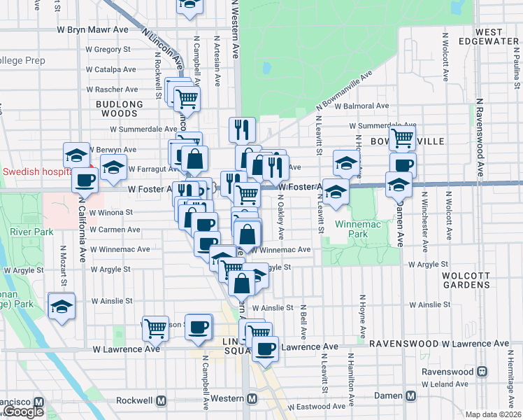 map of restaurants, bars, coffee shops, grocery stores, and more near 5107 North Western Avenue in Chicago