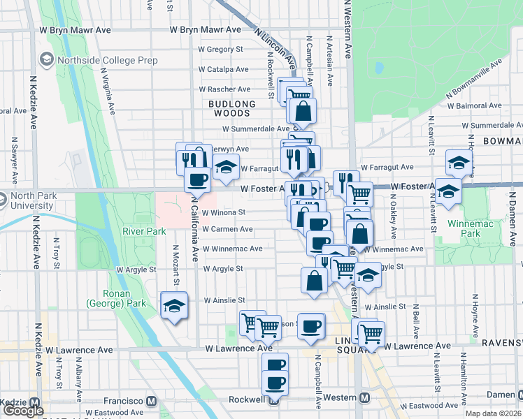 map of restaurants, bars, coffee shops, grocery stores, and more near 2609 West Winona Street in Chicago