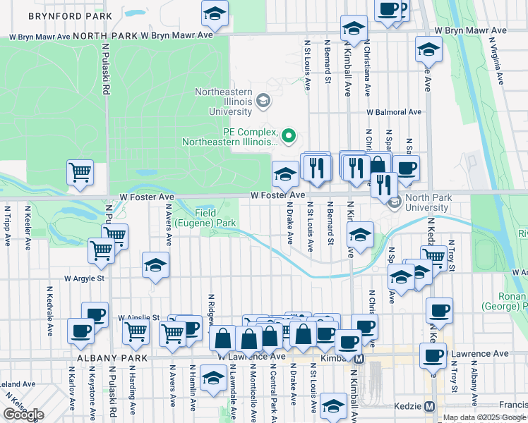 map of restaurants, bars, coffee shops, grocery stores, and more near 5122 North Central Park Avenue in Chicago