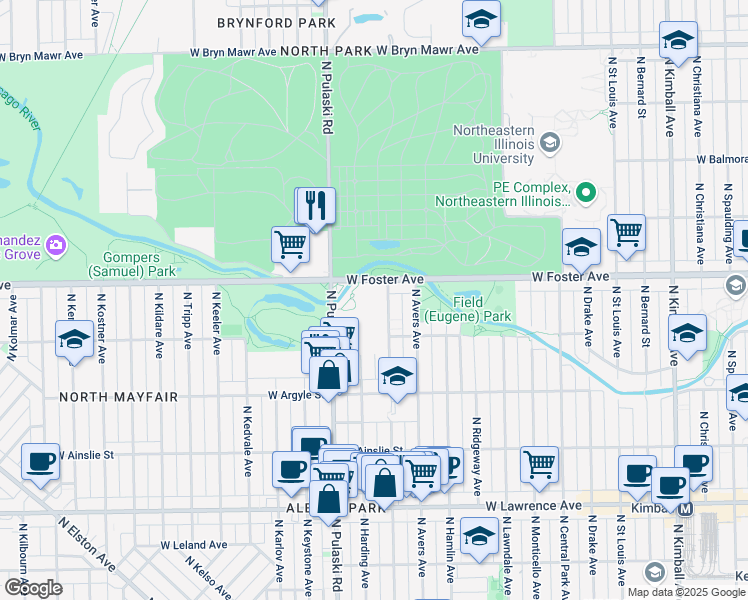 map of restaurants, bars, coffee shops, grocery stores, and more near 5119 North Springfield Avenue in Chicago