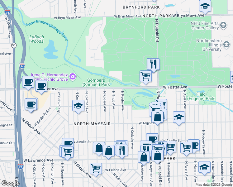 map of restaurants, bars, coffee shops, grocery stores, and more near 5128 North Keeler Avenue in Chicago