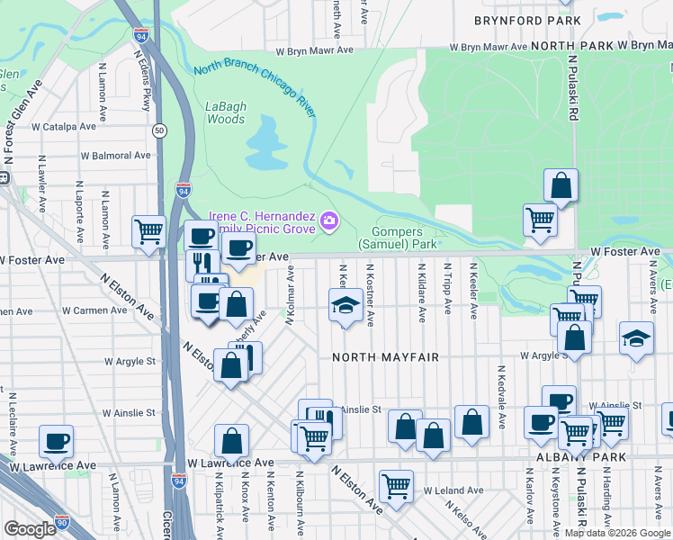 map of restaurants, bars, coffee shops, grocery stores, and more near 5130 North Kenneth Avenue in Chicago