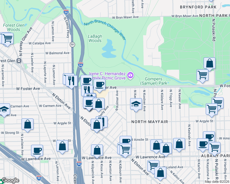 map of restaurants, bars, coffee shops, grocery stores, and more near 5131 North Kenton Avenue in Chicago