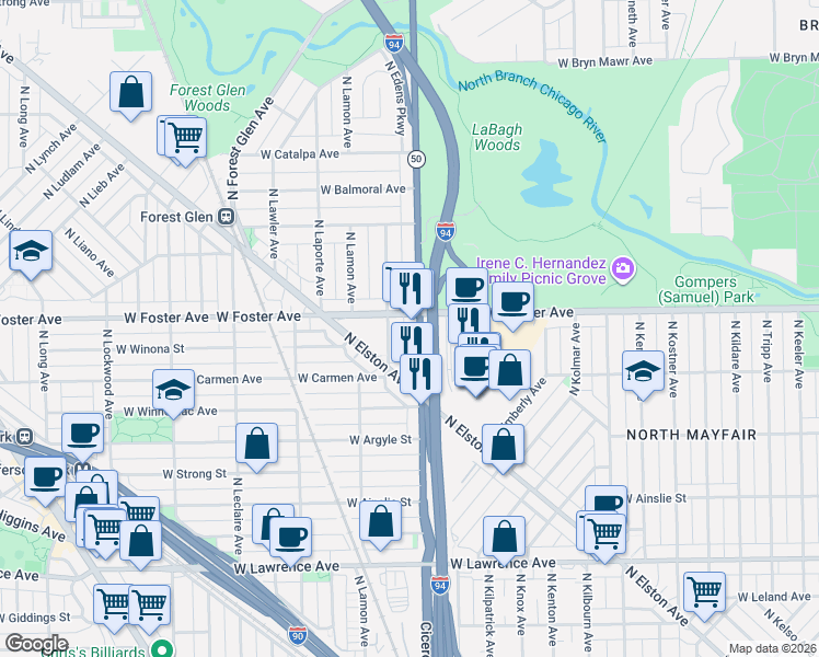 map of restaurants, bars, coffee shops, grocery stores, and more near 5130 North Cicero Avenue in Chicago