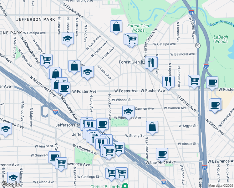 map of restaurants, bars, coffee shops, grocery stores, and more near 5230 West Winona Street in Chicago