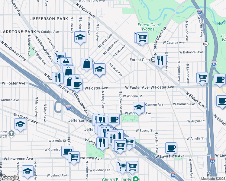 map of restaurants, bars, coffee shops, grocery stores, and more near 5342 West Winona Street in Chicago