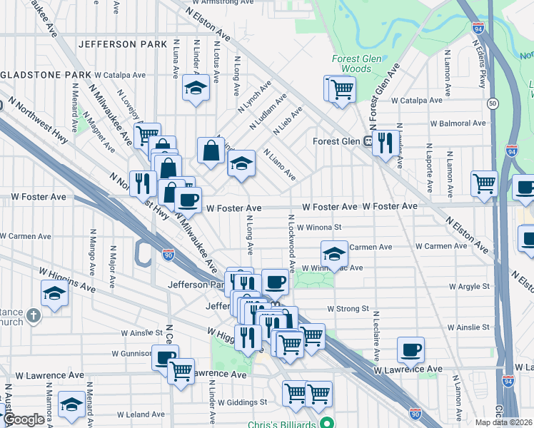 map of restaurants, bars, coffee shops, grocery stores, and more near 5342 West Winona Street in Chicago