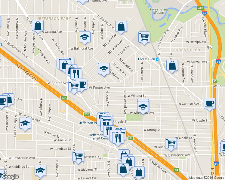 map of restaurants, bars, coffee shops, grocery stores, and more near 5342 West Winona Street in Chicago