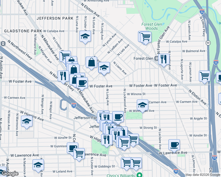 map of restaurants, bars, coffee shops, grocery stores, and more near 5342 West Winona Street in Chicago