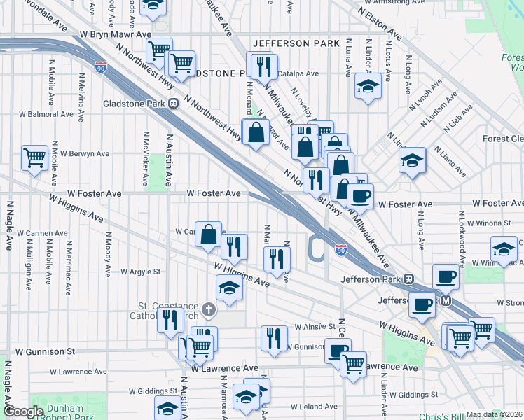 map of restaurants, bars, coffee shops, grocery stores, and more near 5118 North Mango Avenue in Chicago