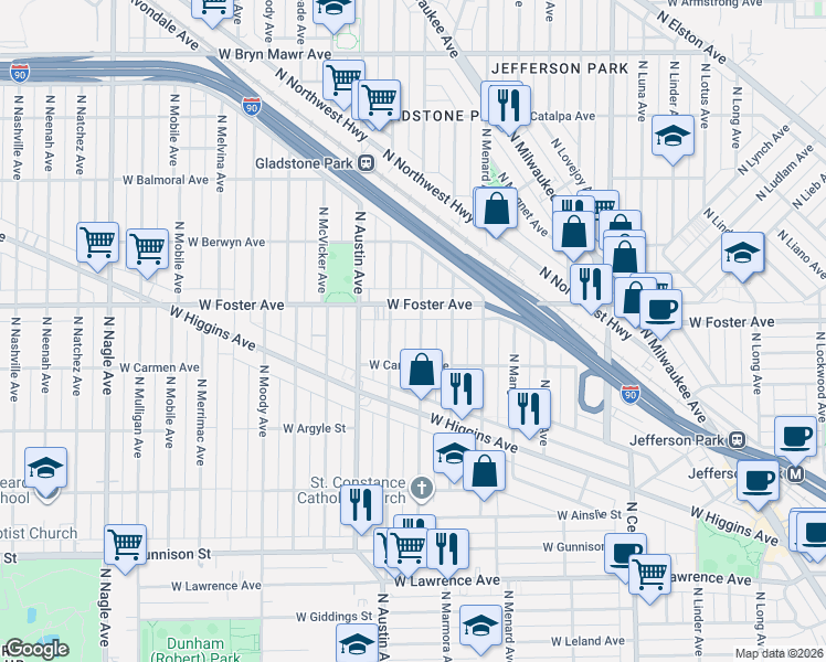 map of restaurants, bars, coffee shops, grocery stores, and more near 5117 North Marmora Avenue in Chicago