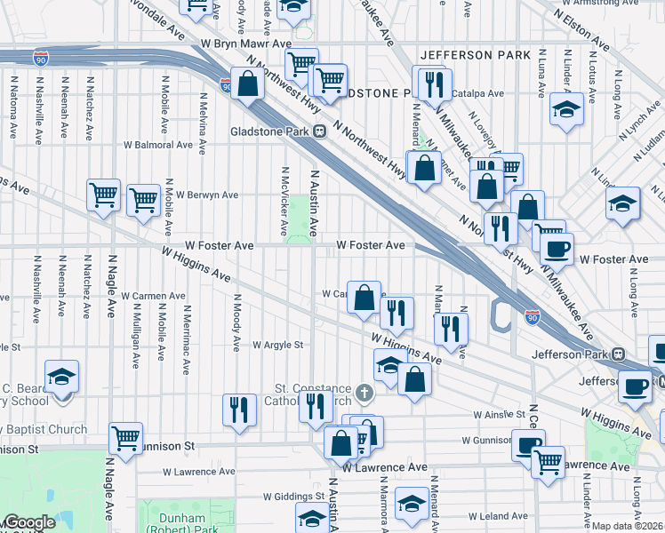 map of restaurants, bars, coffee shops, grocery stores, and more near 5119 North Mason Avenue in Chicago