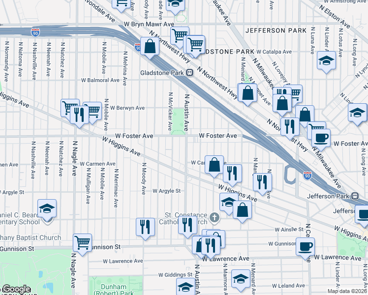 map of restaurants, bars, coffee shops, grocery stores, and more near 5118 North Austin Avenue in Chicago