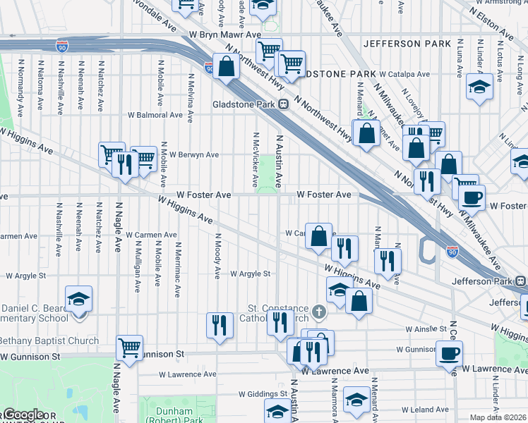 map of restaurants, bars, coffee shops, grocery stores, and more near 5118 North Austin Avenue in Chicago