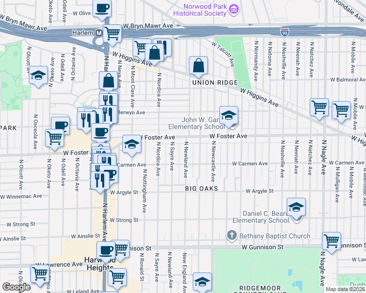 map of restaurants, bars, coffee shops, grocery stores, and more near 5123 North Sayre Avenue in Chicago