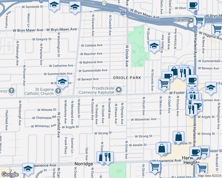 map of restaurants, bars, coffee shops, grocery stores, and more near 7652 West Foster Avenue in Chicago