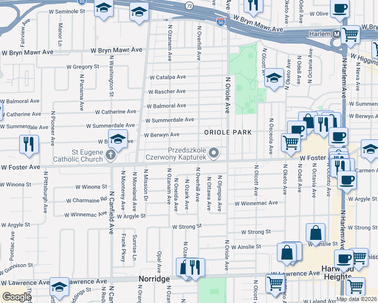 map of restaurants, bars, coffee shops, grocery stores, and more near 7726 West Foster Avenue in Chicago