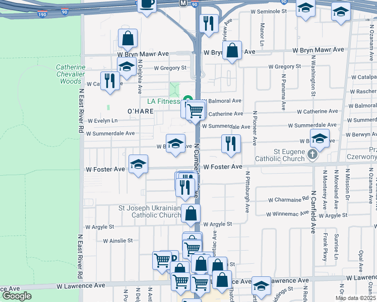 map of restaurants, bars, coffee shops, grocery stores, and more near 5200 North Cumberland Avenue in Norridge