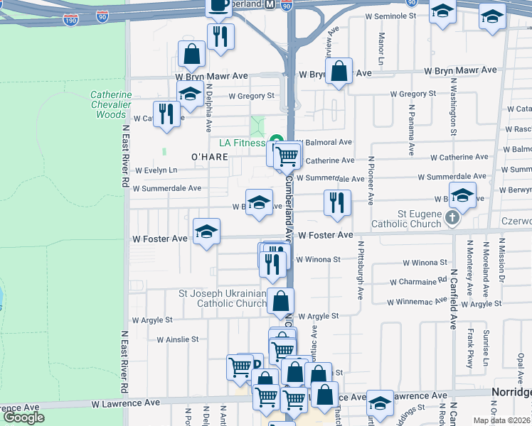 map of restaurants, bars, coffee shops, grocery stores, and more near 5200 North Cumberland Avenue in Norridge