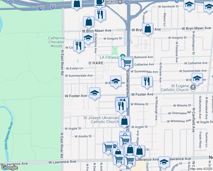 map of restaurants, bars, coffee shops, grocery stores, and more near 8540 West Foster Avenue in Norridge
