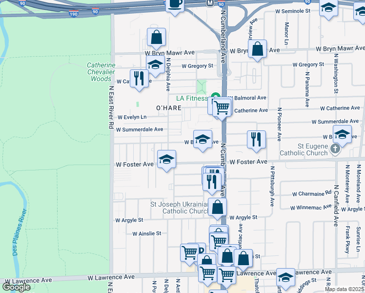 map of restaurants, bars, coffee shops, grocery stores, and more near 8540 West Foster Avenue in Norridge