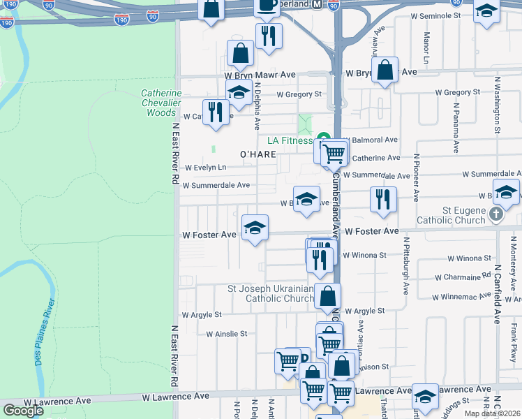 map of restaurants, bars, coffee shops, grocery stores, and more near 5216 North Delphia Avenue in Norridge