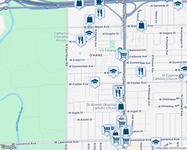 map of restaurants, bars, coffee shops, grocery stores, and more near 5216 North Delphia Avenue in Norridge