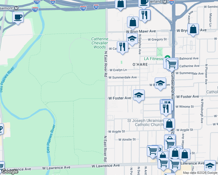 map of restaurants, bars, coffee shops, grocery stores, and more near 5223 North East River Road in Chicago