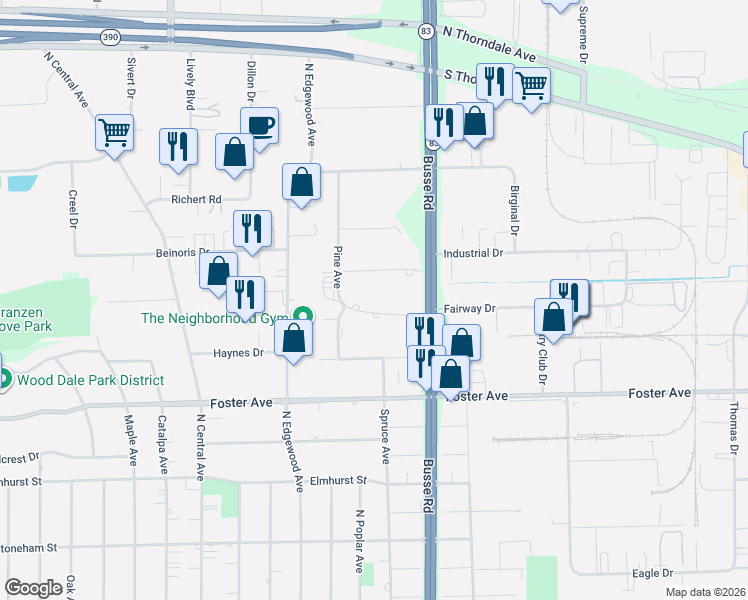 map of restaurants, bars, coffee shops, grocery stores, and more near 17W076 West Center Street in Bensenville