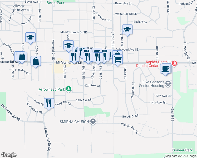 map of restaurants, bars, coffee shops, grocery stores, and more near 1116 32nd Street Southeast in Cedar Rapids