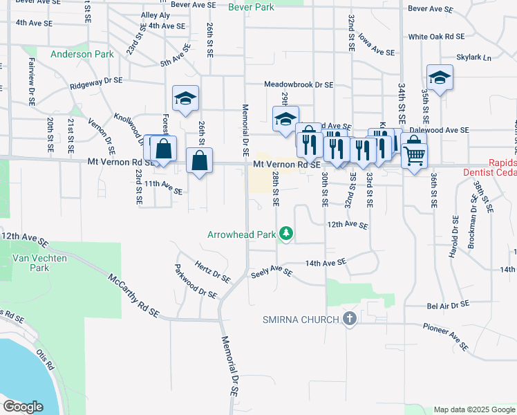 map of restaurants, bars, coffee shops, grocery stores, and more near 1030 Memorial Drive Southeast in Cedar Rapids