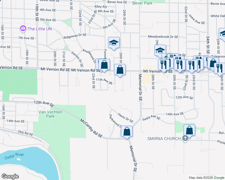 map of restaurants, bars, coffee shops, grocery stores, and more near 1129 25th Street Southeast in Cedar Rapids