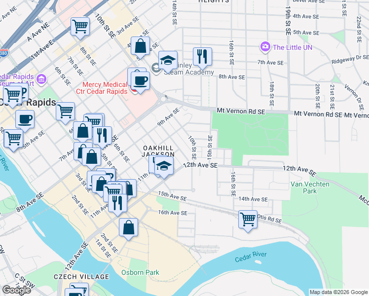 map of restaurants, bars, coffee shops, grocery stores, and more near 1120 9th Street Southeast in Cedar Rapids