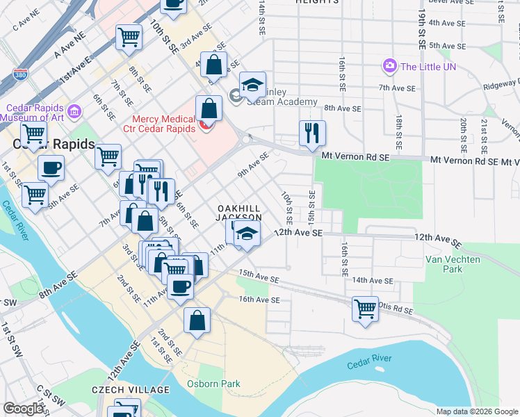 map of restaurants, bars, coffee shops, grocery stores, and more near 1106 8th Street Southeast in Cedar Rapids