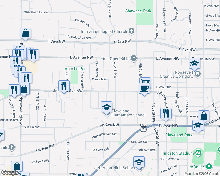 map of restaurants, bars, coffee shops, grocery stores, and more near 2103 Johnson Avenue Northwest in Cedar Rapids