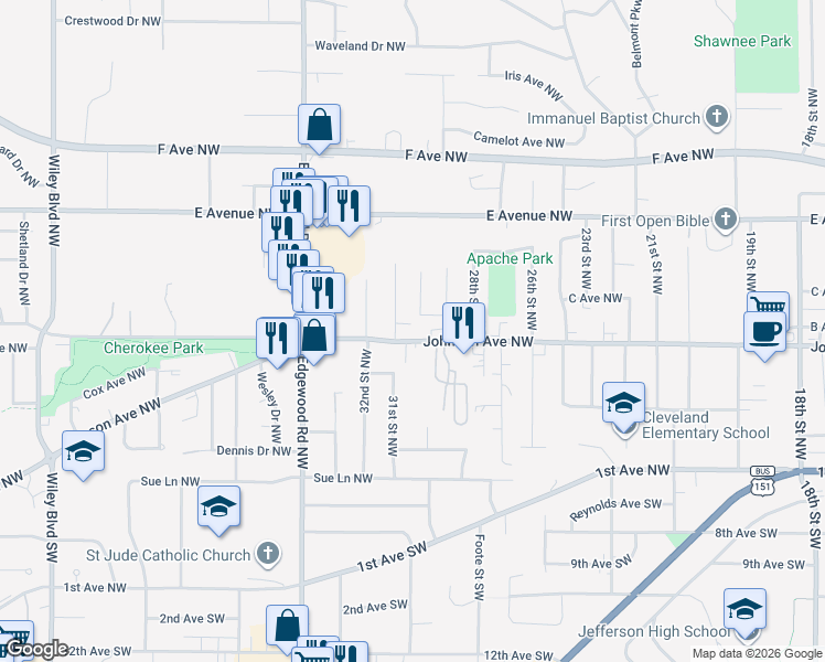 map of restaurants, bars, coffee shops, grocery stores, and more near 3007 Johnson Avenue Northwest in Cedar Rapids