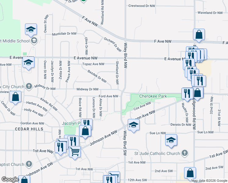 map of restaurants, bars, coffee shops, grocery stores, and more near 4320 Ford Avenue Northwest in Cedar Rapids
