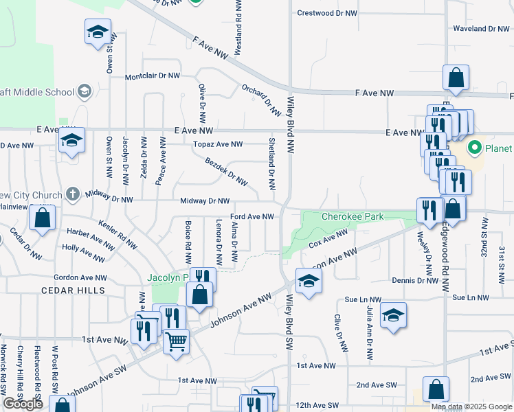 map of restaurants, bars, coffee shops, grocery stores, and more near 4320 Ford Avenue Northwest in Cedar Rapids