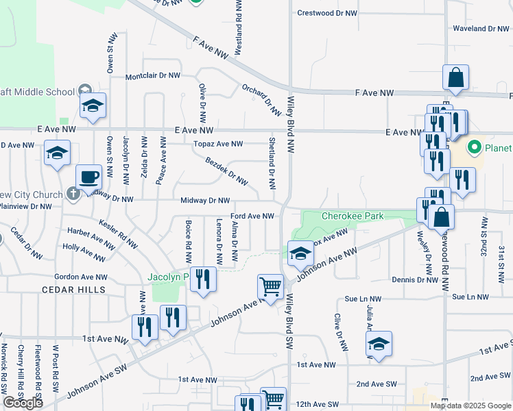 map of restaurants, bars, coffee shops, grocery stores, and more near 4320 Ford Avenue Northwest in Cedar Rapids