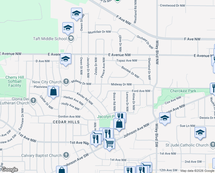 map of restaurants, bars, coffee shops, grocery stores, and more near 4720 Ford Avenue Northwest in Cedar Rapids