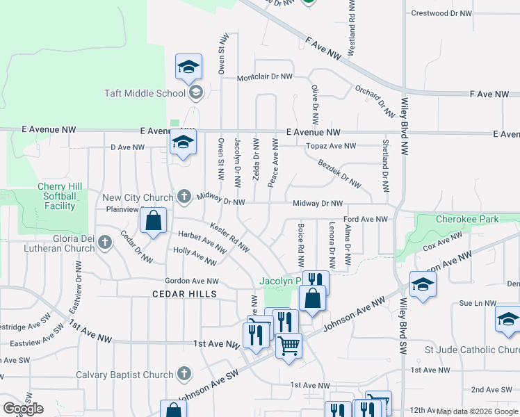map of restaurants, bars, coffee shops, grocery stores, and more near 279-283 Peace Avenue Northwest in Cedar Rapids