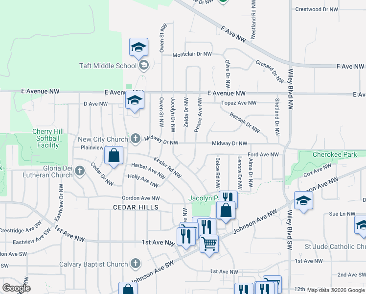 map of restaurants, bars, coffee shops, grocery stores, and more near 293 Jacolyn Drive Northwest in Cedar Rapids