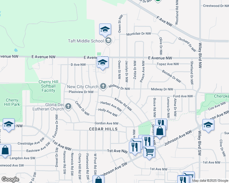 map of restaurants, bars, coffee shops, grocery stores, and more near 283 Owen Street Northwest in Cedar Rapids
