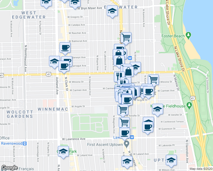 map of restaurants, bars, coffee shops, grocery stores, and more near 1262 West Carmen Avenue in Chicago