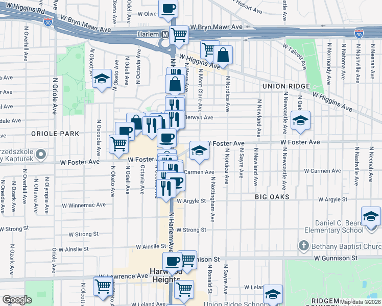 map of restaurants, bars, coffee shops, grocery stores, and more near 7121 West Foster Place in Chicago