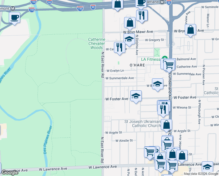 map of restaurants, bars, coffee shops, grocery stores, and more near 5223 North East River Road in Chicago