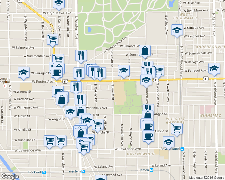 map of restaurants, bars, coffee shops, grocery stores, and more near N Leavitt St & W Winona St in Chicago